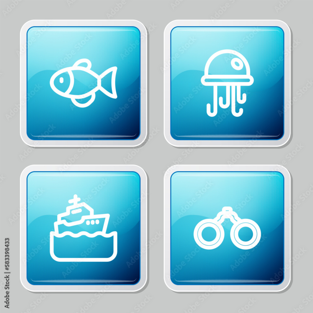 Set line Fish, Jellyfish, Cruise ship and Binoculars icon. Vector Set line Fish, Jellyfish, Cruise ship and Binoculars icon. Vector