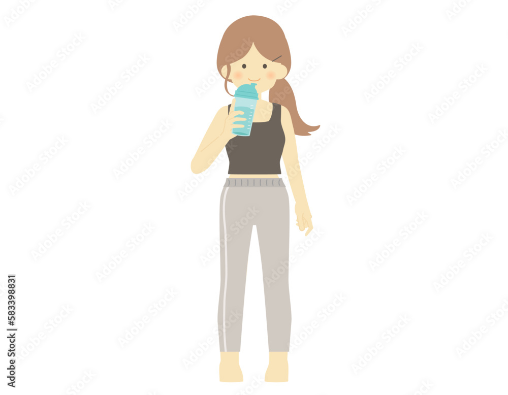 ドリンクを持つフィットネスウェア 女性 アンダーポニー ベクター イラスト 素材 ドリンクを持つフィットネスウェア 女性 アンダーポニー ベクター イラスト 素材