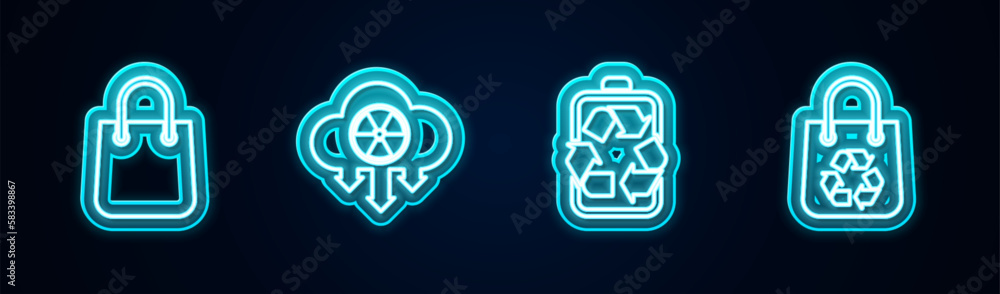 Set line Shopping bag, Acid rain and radioactive cloud, Battery with recycle and . Glowing neon icon. Vector Set line Shopping bag, Acid rain and radioactive cloud, Battery with recycle and . Glowing neon icon. Vector