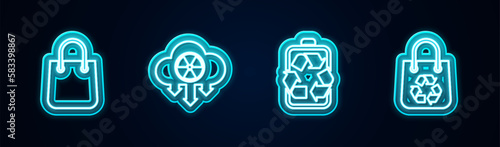 Set line Shopping bag, Acid rain and radioactive cloud, Battery with recycle and . Glowing neon icon. Vector