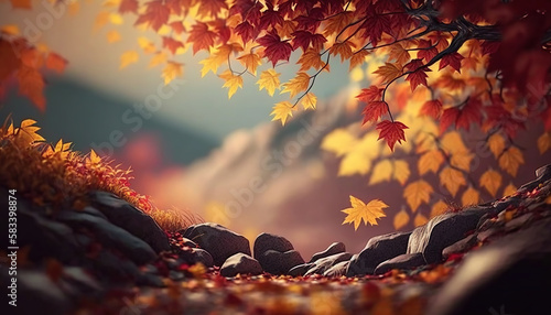 Beautiful autumn landscape with yellow trees and sun. Falling leaves natural background. AI generative