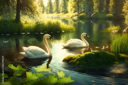 Elegant swans glide peacefully across the glassy surface of a calm sunlit lake