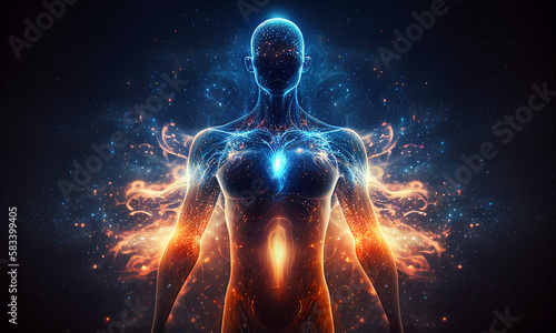Astral body silhouette with space background and ray of astral light from space. Esoteric, spiritual life and meditation concept. Surrealism. Shining pure energy inside human silhouette. Generative AI