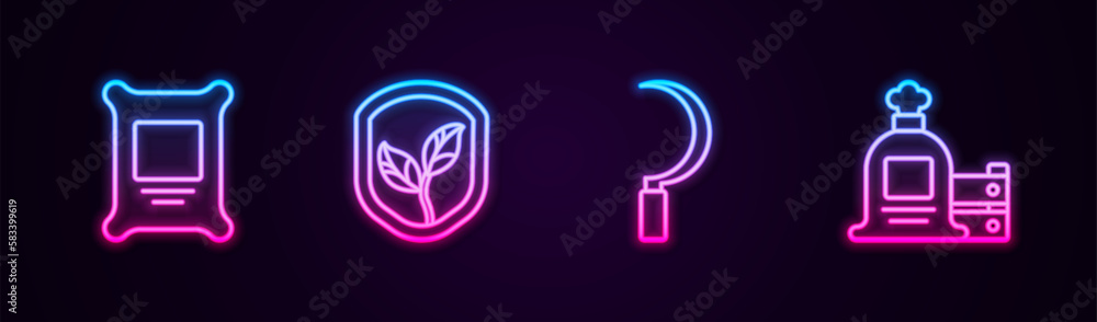 Set line Fertilizer bag, Shield with leaf, Sickle and Full sack and wooden box. Glowing neon icon. Vector Set line Fertilizer bag, Shield with leaf, Sickle and Full sack and wooden box. Glowing neon icon. Vector