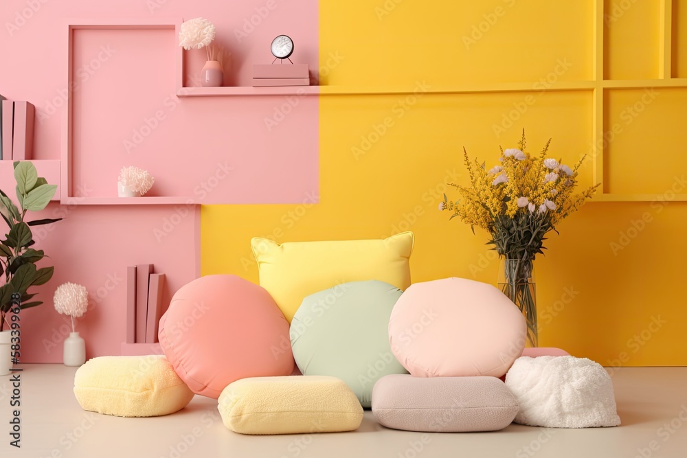Play class concept with a yellow pantone background and five soft colored pillows in the shape of flowers on a pink table, desk, or shelf. Generative AI Play class concept with a yellow pantone background and five soft colored pillows in the shape of flowers on a pink table, desk, or shelf. Generative AI