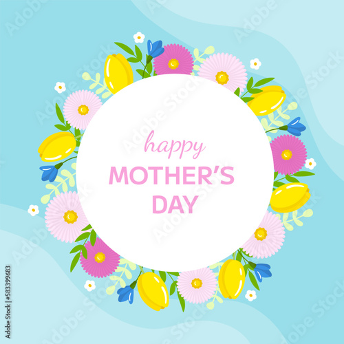 Vector frame happy mother's day greeting card template. Spring holiday poster with tulips and flowers on blue background. Horizontal backdrop invitation, flyer, brochure for event