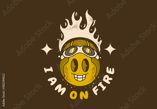 Vintage art illustration of yellow ball character wearing pilot helmet with fire flames
