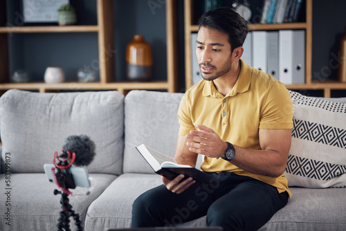 Canvas Print Podcast, bible study and phone with a man online to preach or reading while live streaming