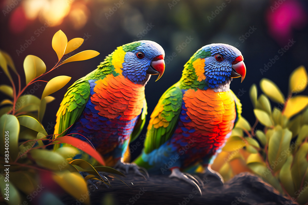 Vibrant parrots chatter and preen while perched on sunlit branches, their plumage a riot of color