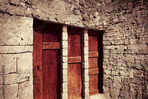 medieval mahogany door with crossbars in stone wall., created with generative ai photo