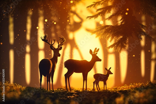 A family of deer graze peacefully in a sunlit clearing, their silhouettes framed by a golden sunset © Nilima