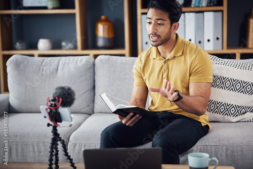 Canvas Print Book, bible study and phone with a man online to preach or reading while live streaming