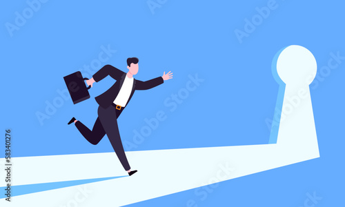 Unlock your opportunity concept with keyhole and ambitious man running to career potential and work financial success flat style vector illustration. New way business beginnings and unlock future.