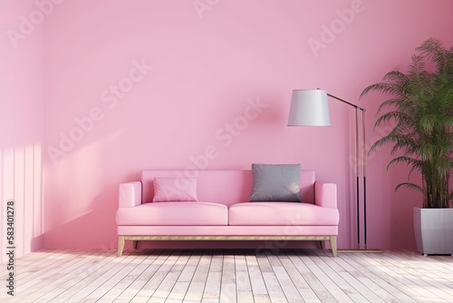 a living room with a sofa  an outdoor plant  and a floor lamp. For your art and print mockup  interior scene  and wallpaper mockup needs  use empty walls with a frame. isolated on the color pink