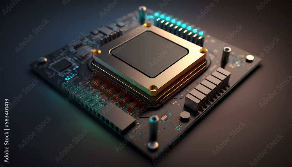 3D rendering of a cpu in a circuit board on a dark background. Computer processor close-up. Technology background. Copy space. Generative AI technology. 3D rendering of a cpu in a circuit board on a dark background. Computer processor close-up. Technology background. Copy space. Generative AI technology.