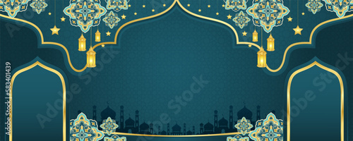 Islamic ornament template for background, banner, poster, cover design, envelope, social media feed. Ramadan Kareem and eid mubarak 2023 greeting concept, blue background, muslim lantern, pattern