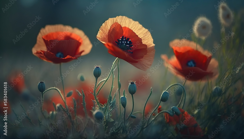 Obraz premium Flowers Red poppies blossom on wild field. Beautiful field red poppies with selective focus. Red poppies in soft light. Opium poppy. Natural drugs, generative ai