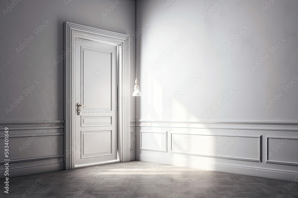 Traditional gray backdrop with copy space and a white glass door opening, welcome home concept. Generative AI Traditional gray backdrop with copy space and a white glass door opening, welcome home concept. Generative AI