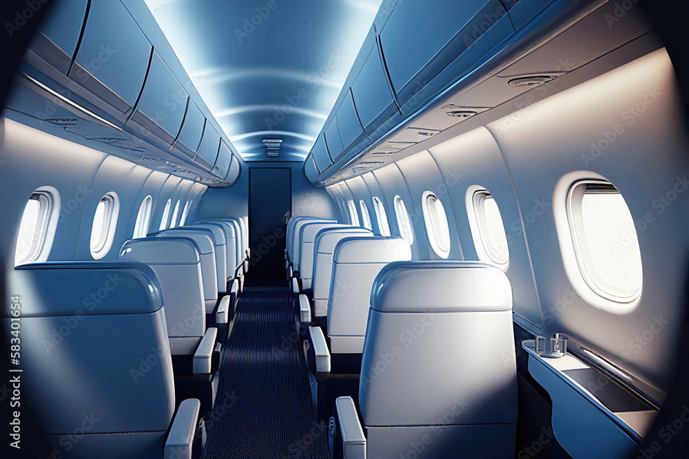 Aircraft cabin interior as digital interior design illustration (Generative AI)
