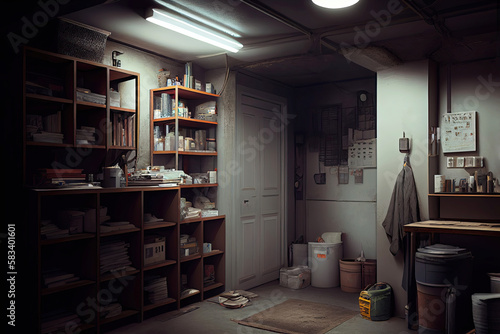 Basement storage room with shelves as digital illustration (Generative AI) © Robert Kneschke