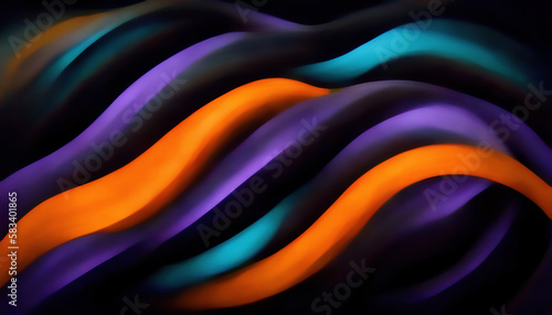 Graphic painting. Digital stripes. Colorful pattern. Bright illustration with dark orange violet blue waves in motion composition on black background.
