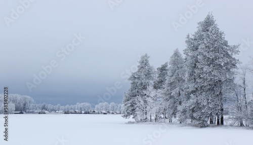 Winter evening. The trees and the field are covered with snow.