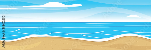 A beach scene with a blue sky and a beach and a blue sea. Summer background with copy space. Vector illustration.