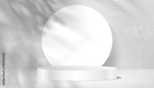 3D White podium for whitening beauty skincare products display backdrop with natural shadow leaves on cement wall,Empty Studio templates with Sunlight and foliages leaf shadow on marble floor