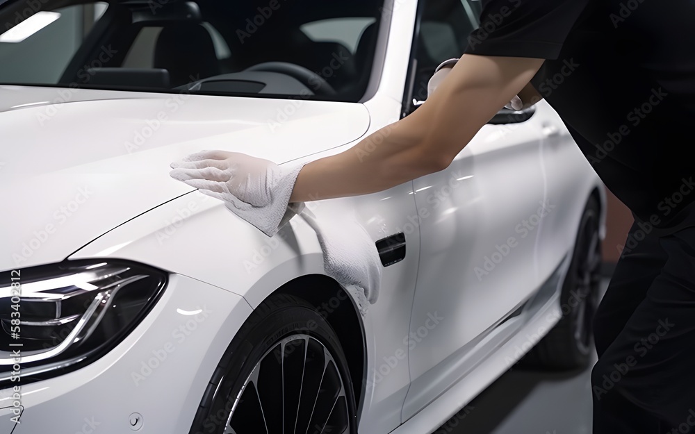 Close up of a auto body mechanic buffing a scratch on car. Generative AI Close up of a auto body mechanic buffing a scratch on car. Generative AI