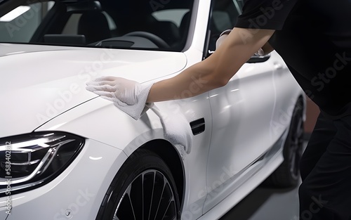 Close up of a auto body mechanic buffing a scratch on car. Generative AI