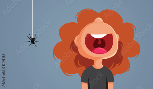 Screaming Girl Scared of Spider Insect Vector Cartoon Illustration. Stressed child feeling fearful suffering from arachnophobia

