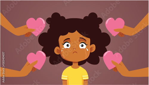 Sad Little Girl Receiving Love and Support Vector Cartoon Illustration. Unhappy poor child getting all the care and attention she needs  © nicoletaionescu