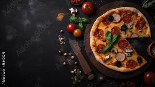 Overhead shot for pizza restaurant menu. Italian traditional cuisine. Generative AI