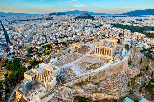 The Acropolis of Athens (Greece) with its most important monuments (Parthenon, Erechtheion, Propylaea) and large part of the city in the background.