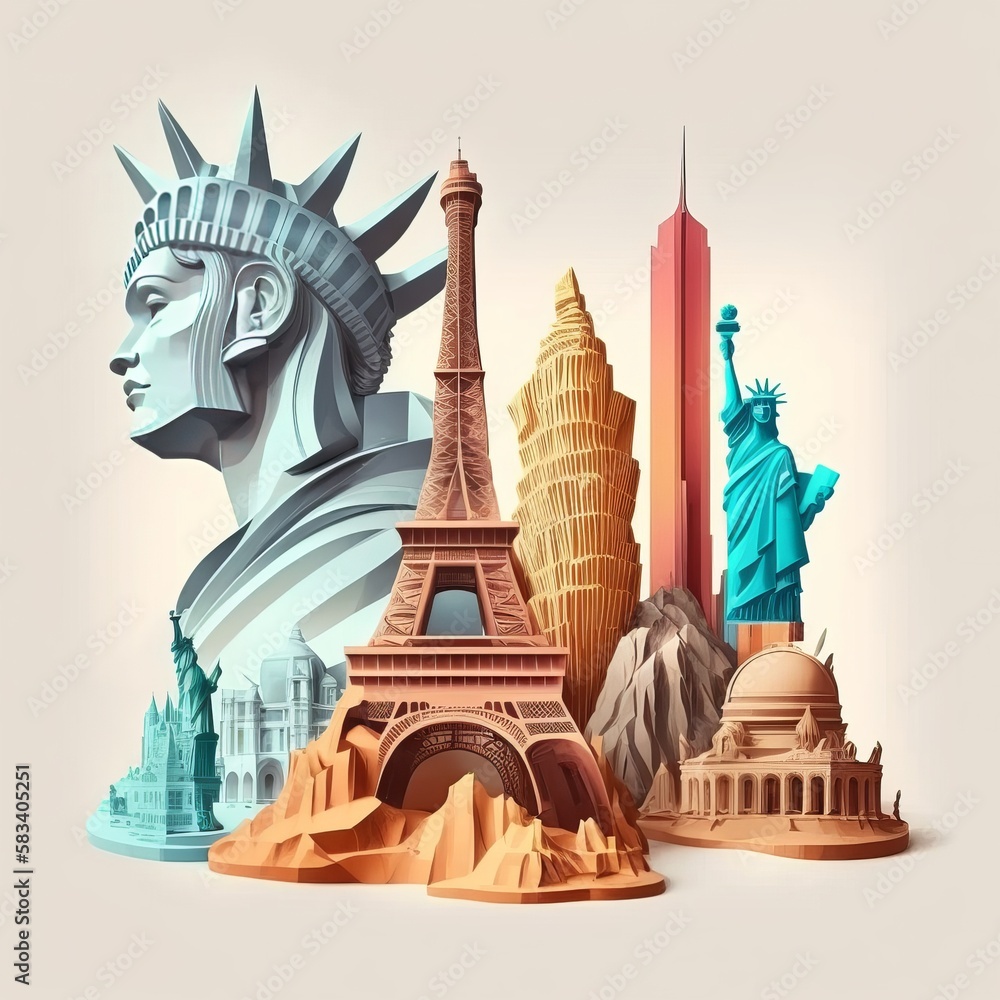 Obraz premium A collage of famous landmarks including the Eiffel tower, the statue of liberty, Tajmahal, great wall. generative AI