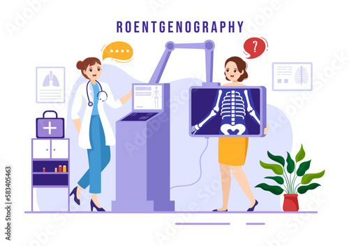Roentgenography Illustration with Fluorography Body Checkup Procedure, X-ray Scanning or Roentgen in Health Care Flat Cartoon Hand Drawn Templates
