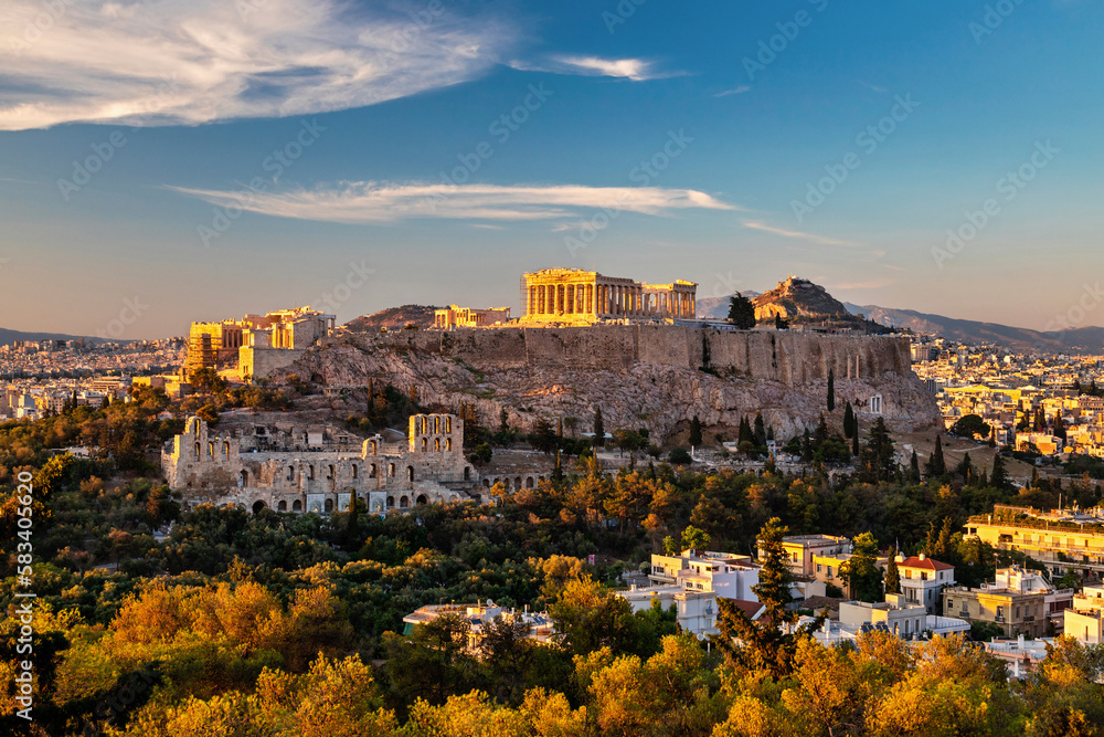 Last light of the day on the Acropolis of Athens, Attica, Greece. You can also see the the Herodeum.. View from Philopappos (