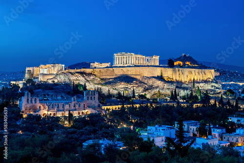 The Acropolis of Athens in the "blue hour". You can see the Parthenon, the Erectheion and the Propylaea. You can also see the Herodeum.