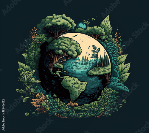 Planet in greenery on dark ...