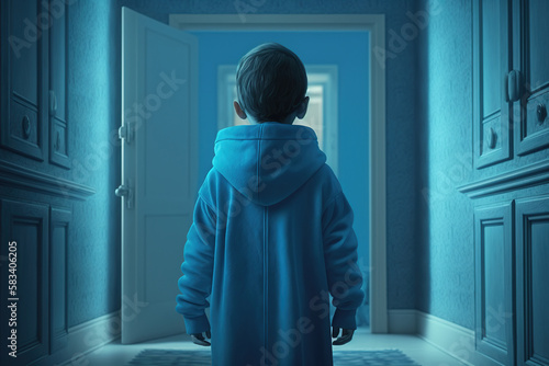 A child boy in a blue clothes is standing in a monochrome navy room,  interior design blue color style, mimimalism.  AI Generative photo