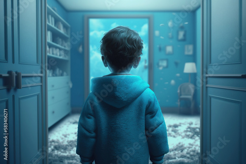 A child boy in a blue clothes is standing in a monochrome navy room,  interior design blue color style, mimimalism.  AI Generative photo