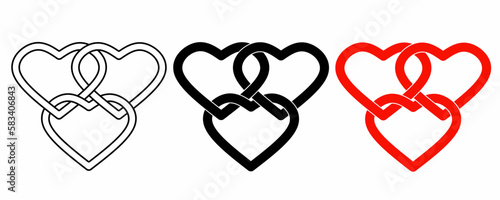 outline silhouette three heart linked icon set isolated on white background