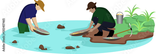 gold diggers wash sand in river to search of treasure in mine vector illustration,  search gold nugget in river from gold mine worker. gold mineral extraction