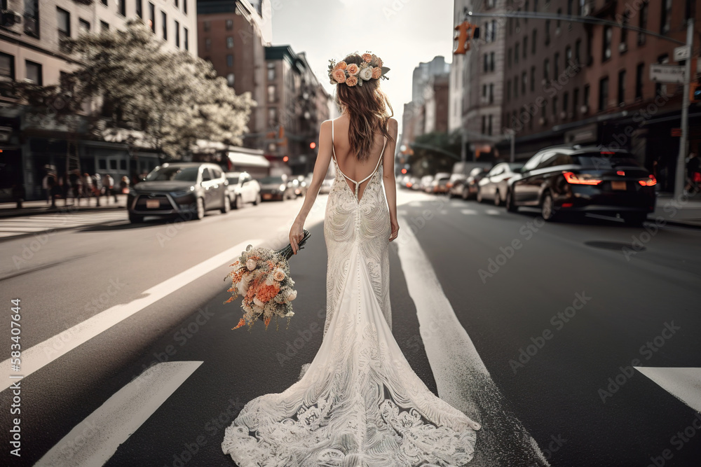 Obraz premium beautiful bride in white dress standing in the streets, holding her wedding bouquet, generative ai