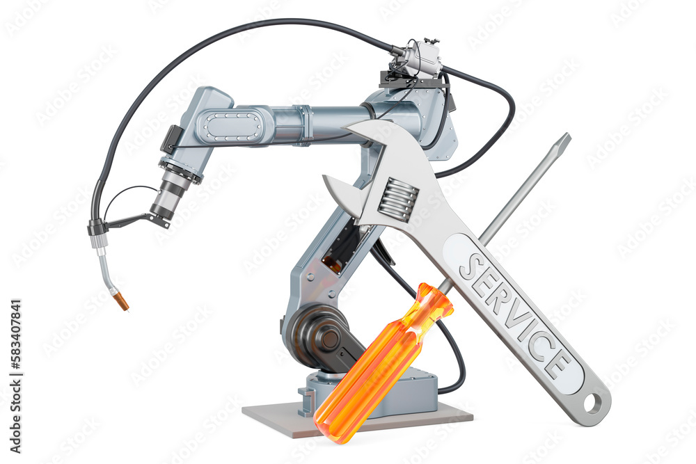 Robot welding with screwdriver and wrench, 3D rendering Robot welding with screwdriver and wrench, 3D rendering