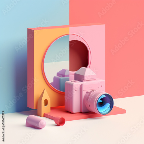 Camera and geometric objects in trending color palette for advertising with Generative AI photo