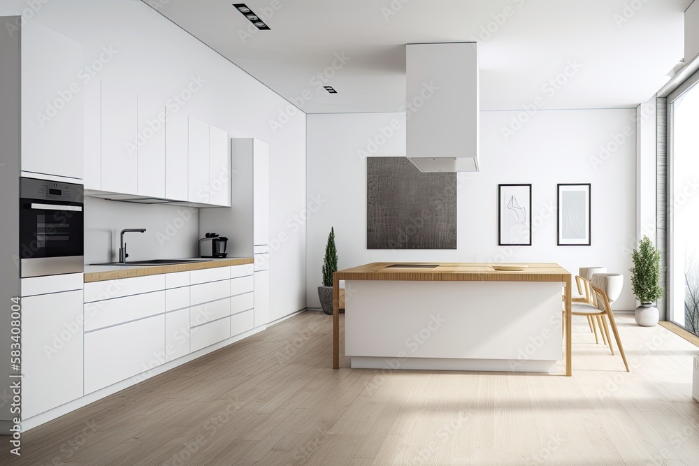 View of a nice kitchen interior from the front, showing a stove, an empty white poster on the wall, and an oak wooden parquet floor. modern minimalist architecture. Unfilled area for original thought View of a nice kitchen interior from the front, showing a stove, an empty white poster on the wall, and an oak wooden parquet floor. modern minimalist architecture. Unfilled area for original thought
