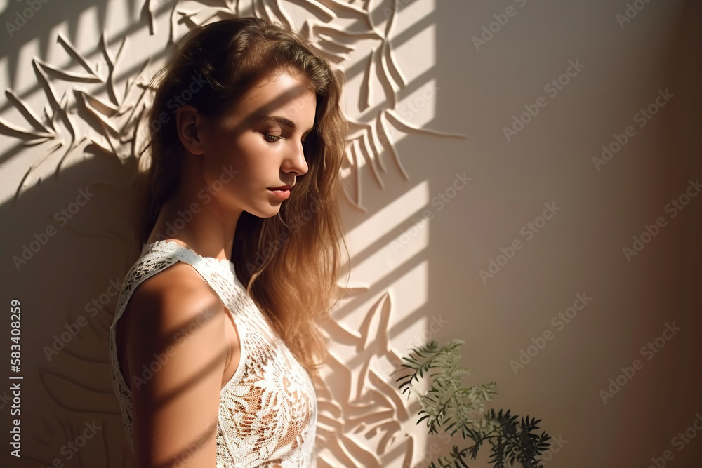 © ARThitecture - fashion portrait of a natural beauty young woman standing against a beige summer wall, generative ai © ARThitecture - fashion portrait of a natural beauty young woman standing against a beige summer wall, generative ai