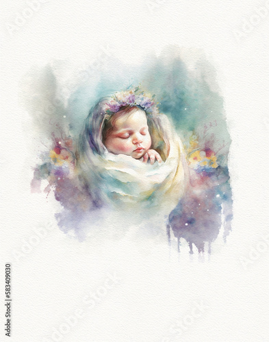 Watercolor drawing of a newborn baby, portrait of a newborn