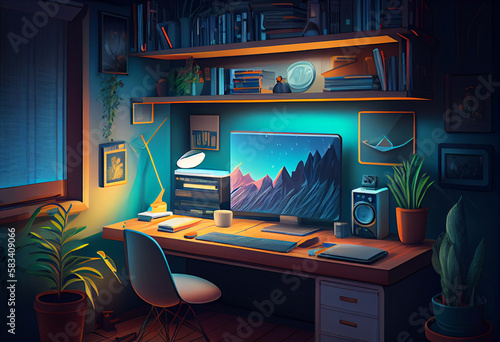 Obraz na płótnie Home Office 3D illustration, Generative AI